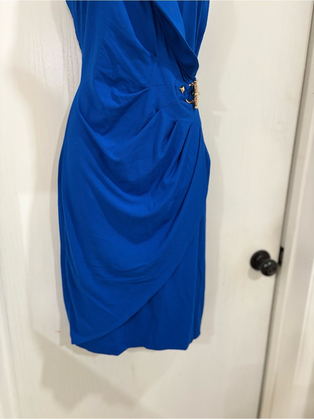 Cache Sleeveless Draped Wrap Dress in Cobalt Blue with Gold Accent - Picture 4 of 6